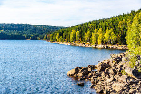Mountain water reservoir Josefuv Dul, aka Josefodolska Dam, Jizera Mountains, Czech Republic. Sunny...