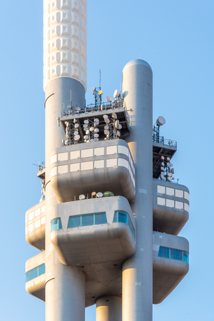PRAGUE, CZECH REPUBLIC - AUGUST 17, 2018: Zizkov Television Tower in Prague, Czech Republic. Detailed view of central part.のeditorial素材