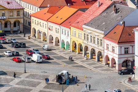 JICIN, CZECH REPUBLIC - SEPTEMBER 28, 2018: Aerial view of colorful renaissance houses at Wallenstein Square in Jicin from Valdice Gate, Czech Republic.のeditorial素材