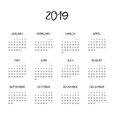 Vector calendar - Year 2019. Week starts from Sunday. Simple flat vector illustration.のイラスト素材