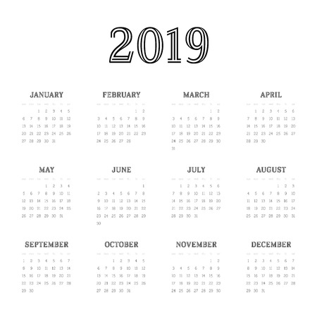 Vector calendar - Year 2019. Week starts from Sunday. Simple flat vector illustration.のイラスト素材
