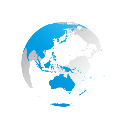3D planet Earth globe. Transparent sphere with blue land silhouettes. Focused on Australia and Oceania.のイラスト素材