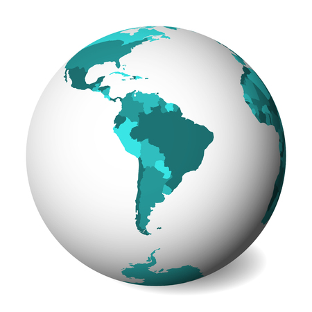 Blank political map of South America. 3D Earth globe with turquoise blue map. Vector illustration.のイラスト素材
