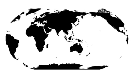 World Map in Robinson Projection. Asia and Australia centered. Solid black land silhouette. Vector illustration.のイラスト素材