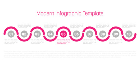 10 step process modern infographic diagram. Graph template of circles and waves. Business concept of 10 steps or options. Modern design vector element in grey with pink highlighted step.のイラスト素材