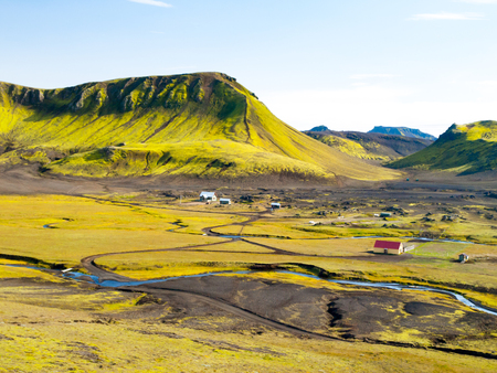 Huts at near Alftavatn lake, Laugavegur trail landscape, Iceland.の写真素材