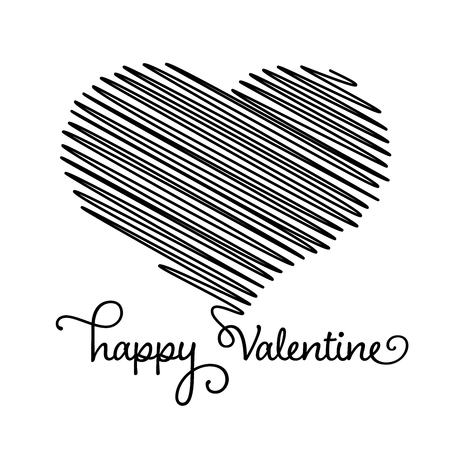 Heart - ink scribble sketch drawing with Happy Valentine calligraphic text in black on white background. Valentine card doodle concept. Vector illustration.のイラスト素材