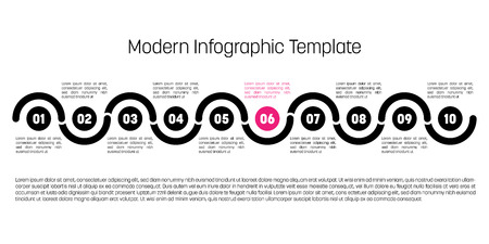 10 step process modern infographic diagram. Graph template of circles and waves. Business concept of 10 steps or options. Modern design vector element in black with pink highlighted step.のイラスト素材
