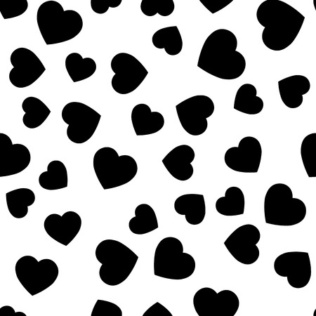 Black heart silhouettes seamless pattern. Random scattered hearts background. Love or Valentine theme. Vector illustration.のイラスト素材