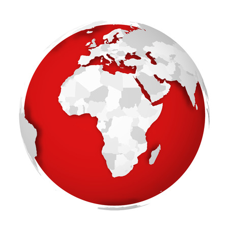 3D Earth globe with blank political map dropping shadow on red seas and oceans. Vector illustration.のイラスト素材