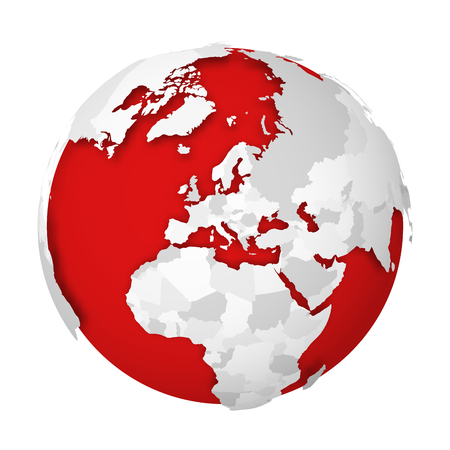 3D Earth globe with blank political map dropping shadow on red seas and oceans. Vector illustration.のイラスト素材