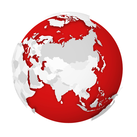 3D Earth globe with blank political map dropping shadow on red seas and oceans. Vector illustration.のイラスト素材