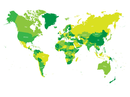 World map in four shades of green on white background. High detail political map with country names. Vector illustration.のイラスト素材