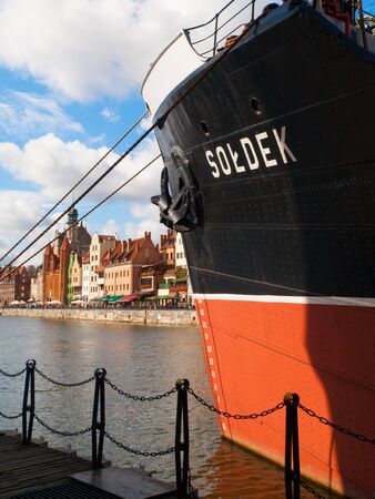 GDANSK, POLAND - AUGUST 25, 2014:: SS Soldek on Motlawa River in Gdansk. Ship is a part of Marine Museum in Gdansk, Poland.のeditorial素材