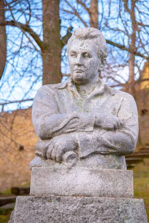 LIPNICE NAD SAZAVOU, CZECH REPUBLIC - DECEMBER 31, 2018: Memorial with busta of Jaroslav Hasek - Czech writer and journalist. Author of novel The Good Soldier Svejk.のeditorial素材