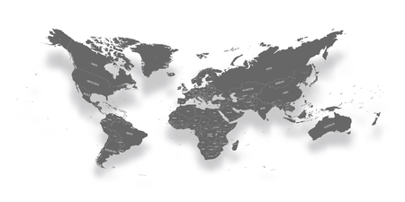 Modern political map of World. Distorted design with bent corners and dropped shadow. 3D effect vector illustration.の写真素材