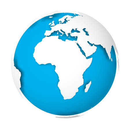 Natural Earth globe. 3D world map with green lands dropping shadows on blue seas and oceans. Vector illustration.のイラスト素材