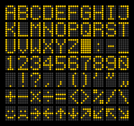 LED Dot Matrix Panel. Letters, numbers, punctuation marks, arithmetic signs, basic emoticons and navigation arrows. Retro digital display. Vector illustration.のイラスト素材