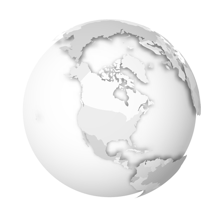 Earth globe. 3D world map with grey political map of countries dropping shadows on white seas and oceans. Vector illustration.のイラスト素材