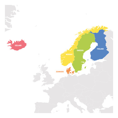 North Europe Region. Colorful map of countries of Scandinavia. Vector illustration.のイラスト素材