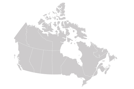 Blank map of Canada divided into 10 provinces and 3 territories. Administrative regions of Canada. Solid grey vector map.のイラスト素材