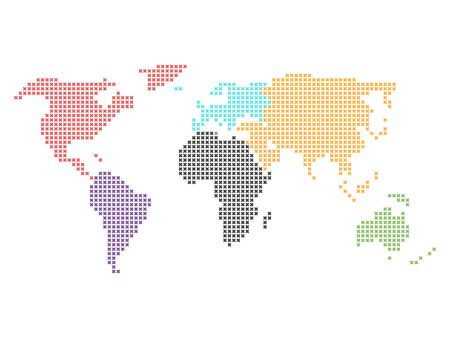 World map mosaic of small crosses in defferent color for each continent. Dotted design. Simple flat vector illustration.のイラスト素材