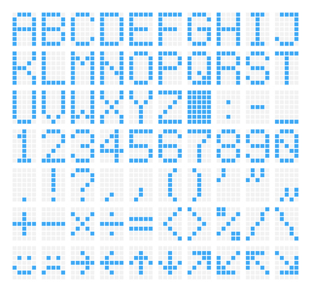 LED Dot Matrix Panel. Letters, numbers, punctuation marks, arithmetic signs, basic emoticons and navigation arrows. Retro digital display. Vector illustration.のイラスト素材