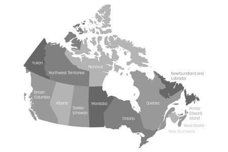 Map of Canada divided into 10 provinces and 3 territories. Administrative regions of Canada. Grey map with labels. Vector illustration.のイラスト素材