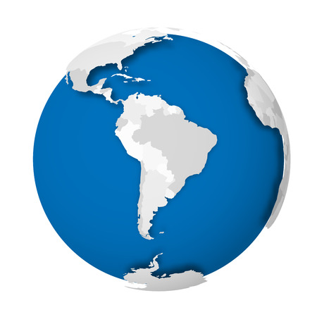 Earth globe. 3D world map with grey political map of countries dropping shadows on blue and oceans. Vector illustration.のイラスト素材