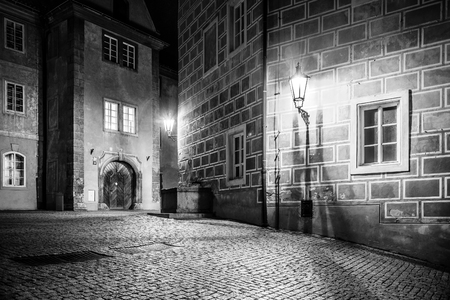 Medieval houses and old drinking fountain in Golden Lane by night, Czech Republic. Black and white image.の写真素材