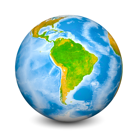 Earth globe focused on South America. Realistic topographical lands and oceans with bathymetry. 3D object isolated on white background.の写真素材