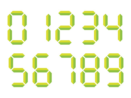 Green 3D-like digital numbers. Seven-segment display is used in calculators, digital clocks or electronic meters. Vector illustration.のイラスト素材