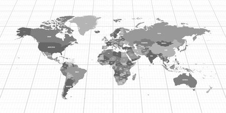 Grey geopolitical map of World. Bottom perspective view with background grid. Vector illustration.のイラスト素材