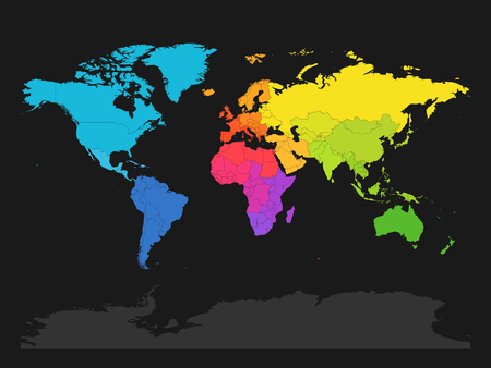 Colorful map of World divided into regions on dark grey background. Simple flat vector illustration.のイラスト素材
