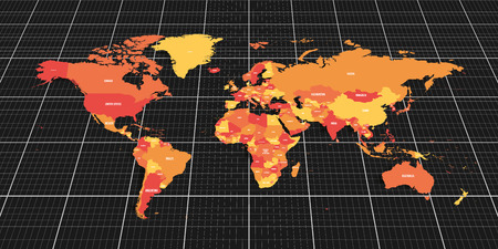Colorful geopolitical map of World. Bottom perspective view with background grid. Vector illustration.のイラスト素材