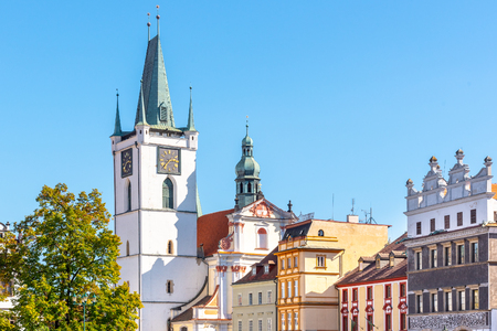 White tower of All Saints Church near main Peace square, Litomerice, Czech Republic.の写真素材