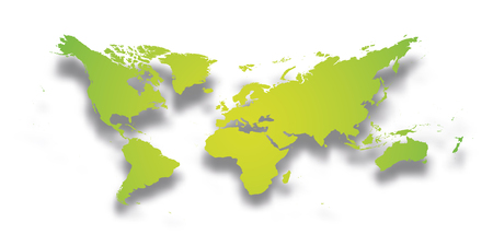 Map of World. Simple green gradient silhouette with dropped shadow isolated on white background. Vector illustration.のイラスト素材