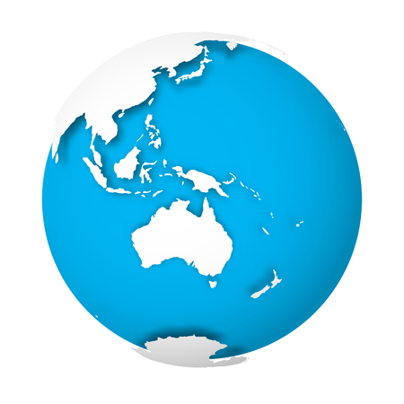 Natural Earth globe. 3D world map with green lands dropping shadows on blue seas and oceans. Vector illustration.のイラスト素材