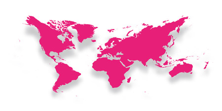 Map of World. Simple pink silhouette with dropped shadow isolated on white background. Vector illustration.のイラスト素材