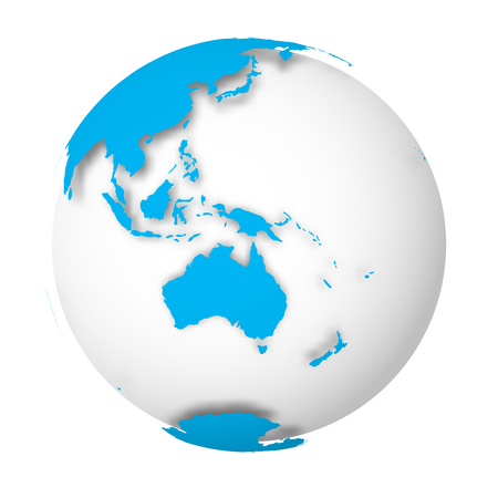 Earth globe. 3D world map with blue lands dropping shadows on white surface. Vector illustration.のイラスト素材