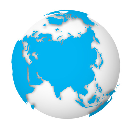 Earth globe. 3D world map with blue lands dropping shadows on white surface. Vector illustration.のイラスト素材