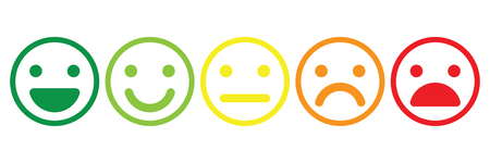 Basic emoticons set. Five facial expression of feedback scale - from positive to negative. Simple colored vector icons.のイラスト素材