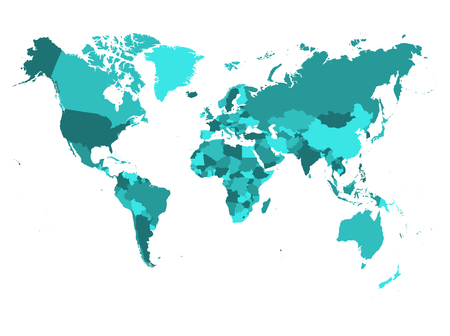 World map in four shades of turquoise blu on white background. High detail political map with country names. Vector illustration.のイラスト素材
