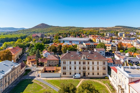 Aerial view of Litomerice from cathedral bell tower on sunny summer day, Czech Republic.の写真素材