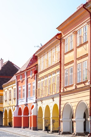 Colorful renaissance houses with arcade at Wallenstein Square in Jicin, Czech Republic.の写真素材