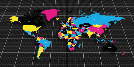 Colorful geopolitical map of World. Bottom perspective view with background grid. Vector illustration.のイラスト素材