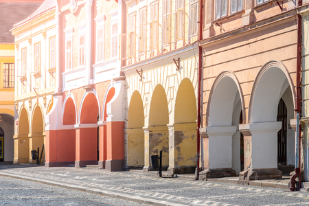 Colorful renaissance houses with arcade at Wallenstein Square in Jicin, Czech Republic.の写真素材