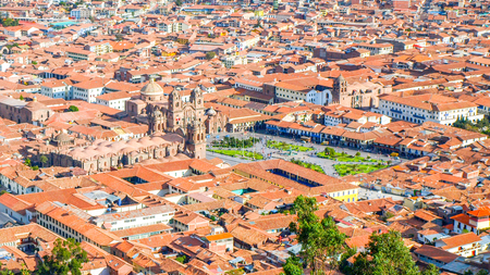 Aerial view of Cathedral on Plaza de Armas, Cusco, Peru.の写真素材
