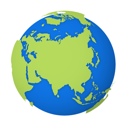 Natural Earth globe. 3D world map with green lands dropping shadows on blue seas and oceans. Vector illustration.のイラスト素材