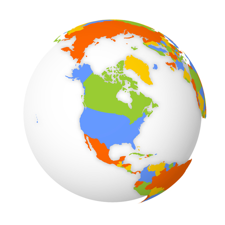 Blank political map of North America. Earth globe with colored map. Vector illustration.のイラスト素材